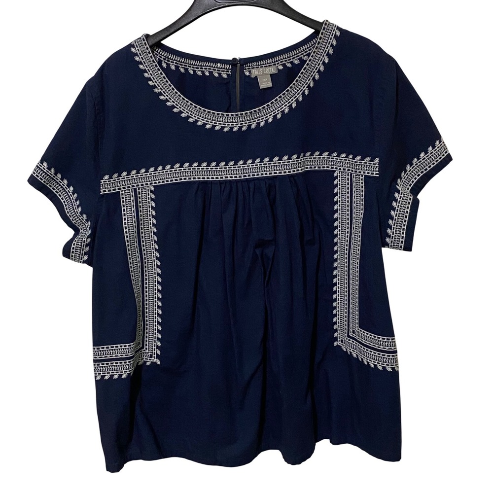 Navy Blue Embroidered Blouse Peasant Top Grecian Folksy Babydoll Boho Chic 2X